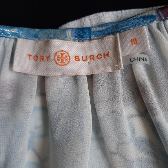 Tory Burch Silk Nylon Metallic Blue Floral Tunic Top Size 10 Keyhole Front - Picture 7 of 8